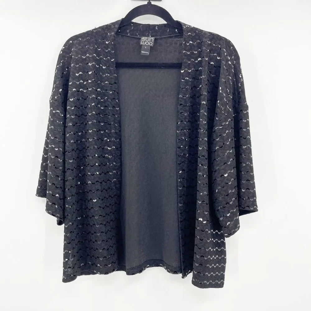 Ciara Sun Woo Black Silver Kimono Open Cardigan Sweater Women's Size L